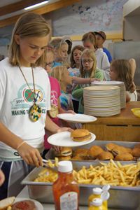 Campers getting food