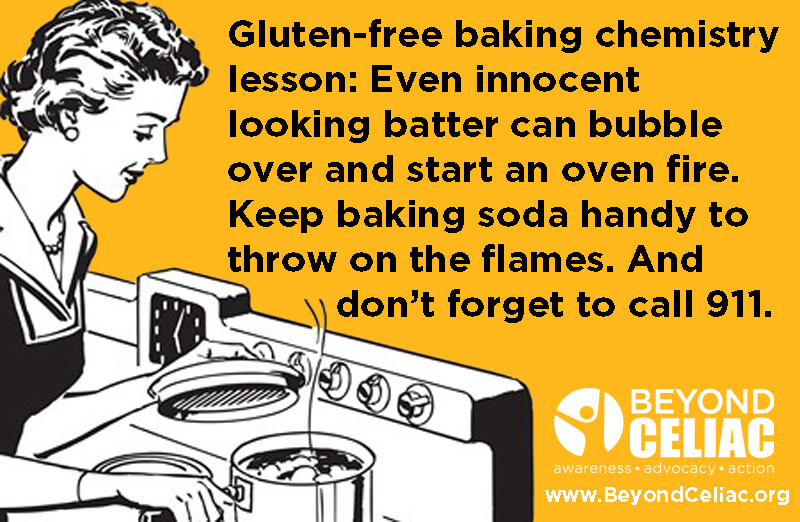 Gluten-free baking chemistry lesson: Even innocent looking batter can bubble over and start an oven fire. Keep baking soda handy to through on an oven fire. And don't forget to call 911.