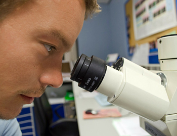 Close-up of man looking into a microscope.