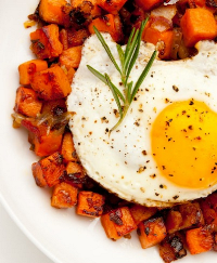 Sweet Potato Pancetta Hash with Fried Eggs