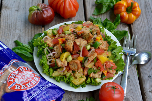 panzanella salad with tomatoes, cucumebers and three bakers croutons