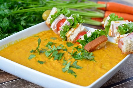 Curried Carrot Soup with Three Bakers Club Sandwich Skewers