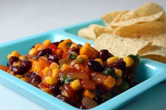 Bean salsa dip with gluten-free tortilla chips