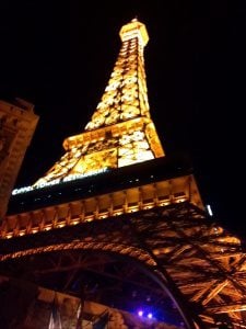 View of the replica Eiffel Tower from below.