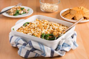A square pan of green bean casserole.