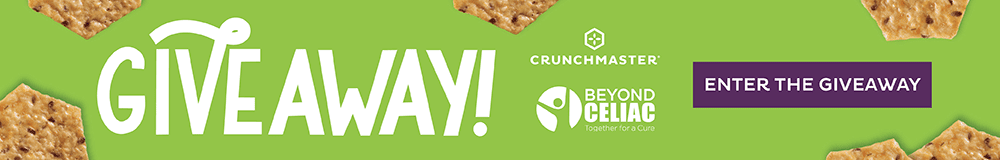 A green banner with the word GIVEAWAY! in large white letters, Crunchmaster and Beyond Celiac logos, images of crackers, and a purple button labeled ENTER THE GIVEAWAY.