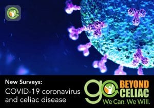 A close-up digital illustration of a virus particle, with text below reading: New Surveys: COVID-19 coronavirus and celiac disease. The Beyond Celiac logo and slogan We Can. We Will. appear in the bottom right corner.