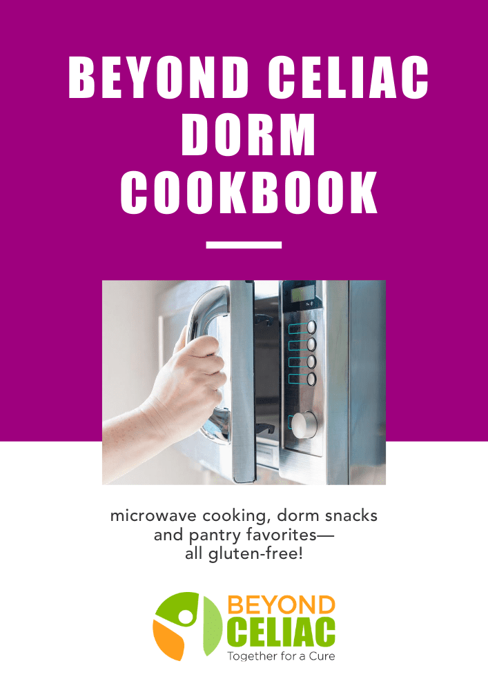 Cover of the “Beyond Celiac Dorm Cookbook” featuring a hand opening a microwave. Text below highlights microwave cooking, dorm snacks, and pantry favorites—all gluten-free. Beyond Celiac logo is at the bottom.