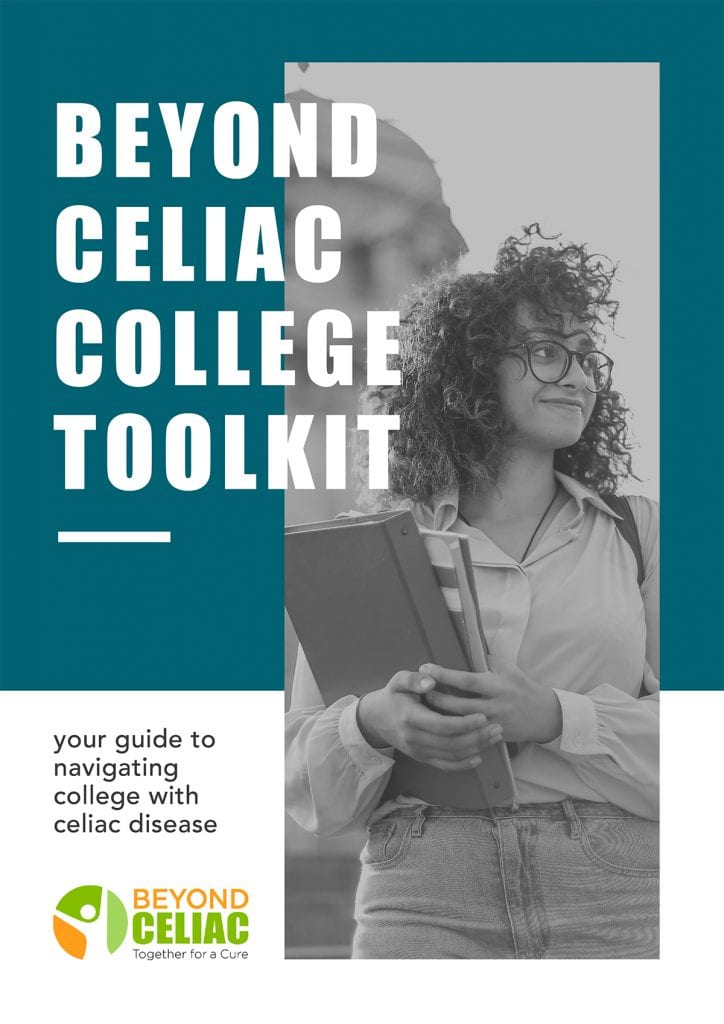 A young woman with curly hair and glasses holds books and smiles. The text reads, Beyond Celiac College Toolkit: your guide to navigating college with celiac disease. The Beyond Celiac logo is at the bottom.
