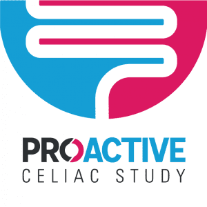 A graphic logo with a blue and pink stylized intestine shape above the words PROACTIVE CELIAC STUDY, with PRO in black, ACTIVE in blue, and a pink and black circle inside the letter O.