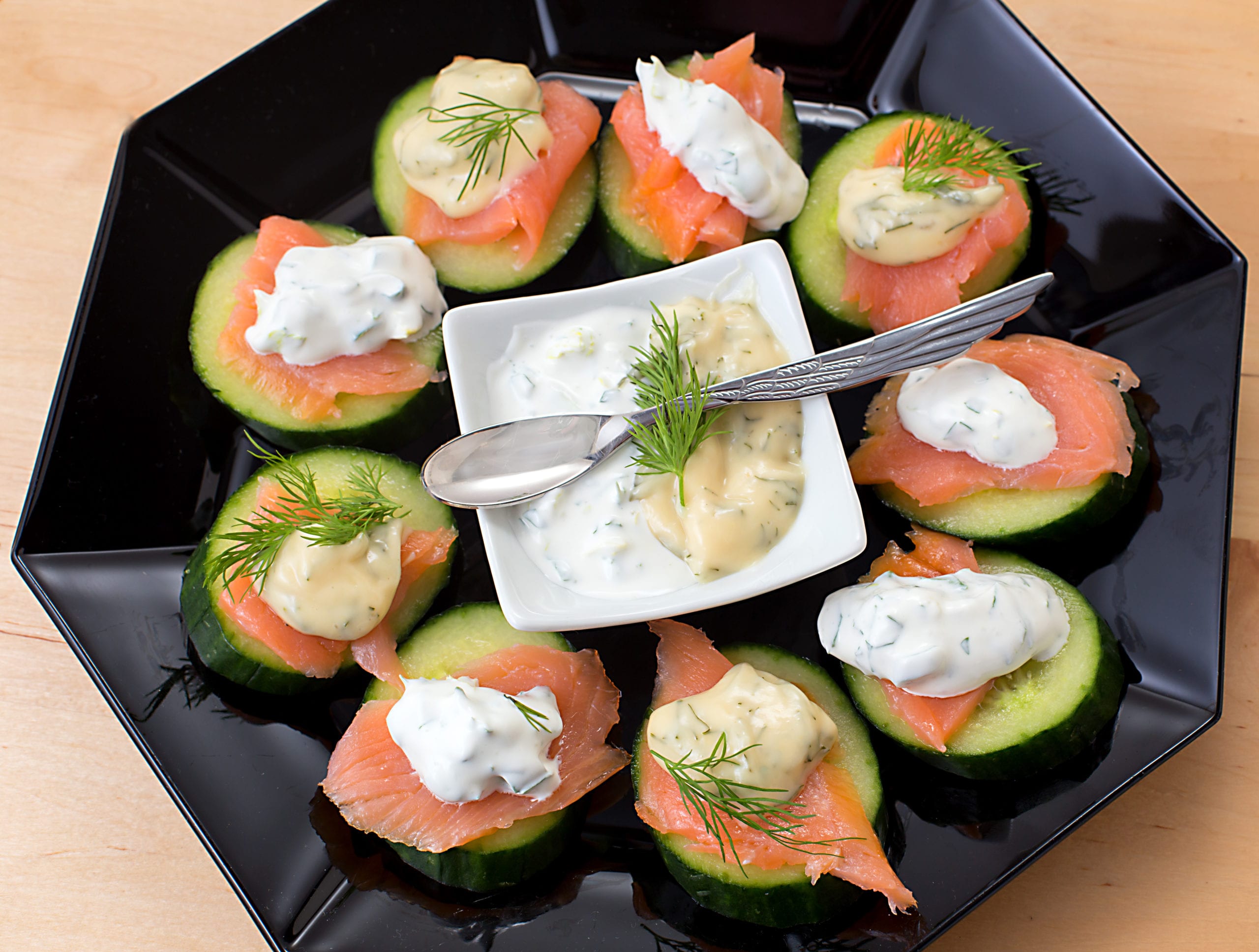 Cucumber, Smoked Salmon and Sweet Mustard Dill Sauce