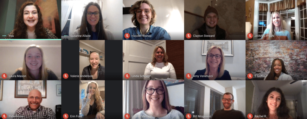 Screenshot of a video call with sixteen participants, each shown in their own video frame. Most people are smiling, and various backgrounds are visible, including home and office settings.