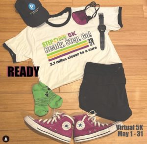 A flat lay of virtual 5K running gear, including a cap, race T-shirt, sports watch, face mask, shorts, green socks, and purple Converse sneakers. Text reads READY and Virtual 5K May 1-31.