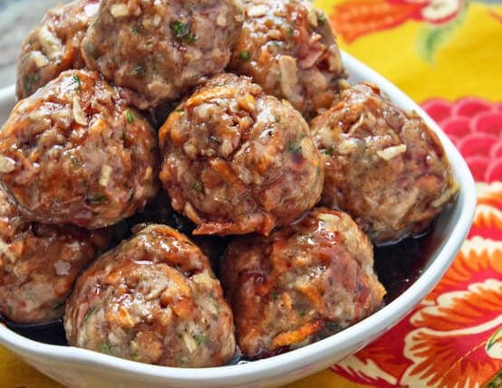 Cranberry-Glazed Sausage, Apple & Sweet Potato Meatballs