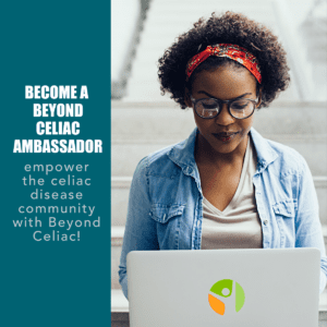 A person sits on stairs using a laptop with the Beyond Celiac logo. Text on the left reads: Become a Beyond Celiac Ambassador. Empower the celiac disease community with Beyond Celiac!.