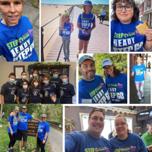 A collage of people wearing Step Up, Step Out, Ready, Set, Go shirts, walking outdoors, posing in groups, and smiling. Some are masked indoors, and a few hold food or stand in front of nature or city backgrounds.