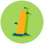 An orange icon of the Leaning Tower of Pisa against a green circle. 