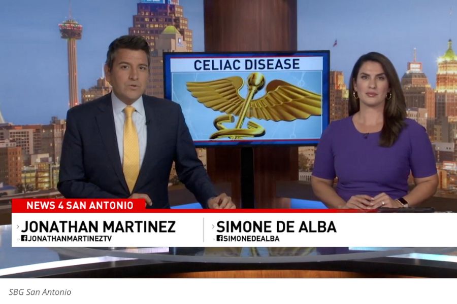 A screenshot of the video feature. It shows two news anchors at a desk. Behind them is a screen with the words "celiac disease" on it. 