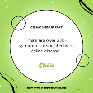 Green graphic that reads, "There are over 250+ symptoms associated with celiac disease."