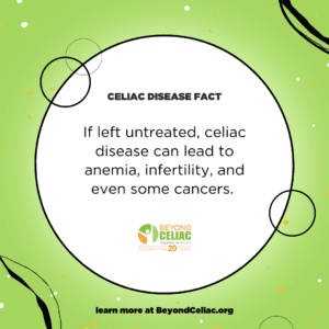A green and white graphic that reads, "celiac disease fact: if left untreated, celiac disease can lead to anemia, infertility, and even some cancers."