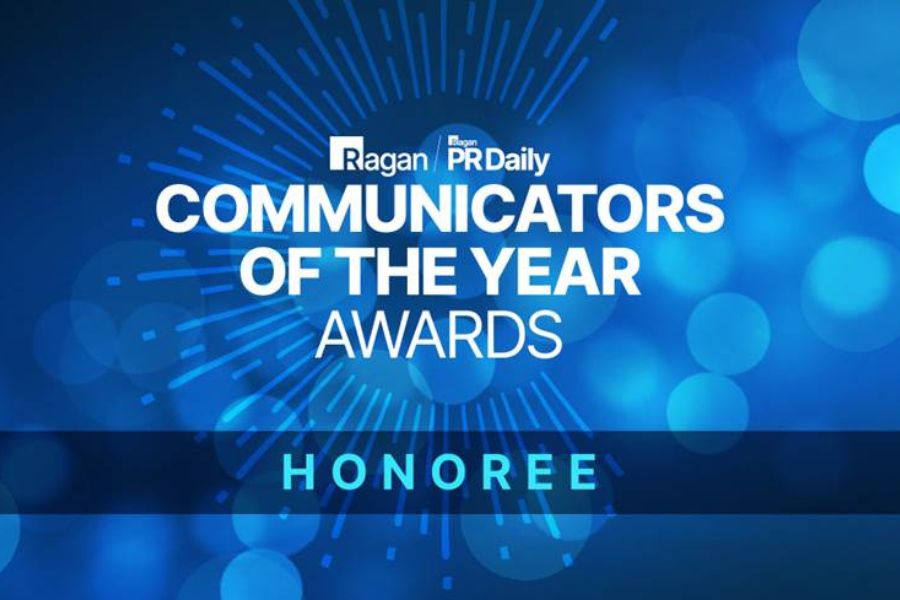 Blue graphic that reads, "Communicators of the year awards Honoree"