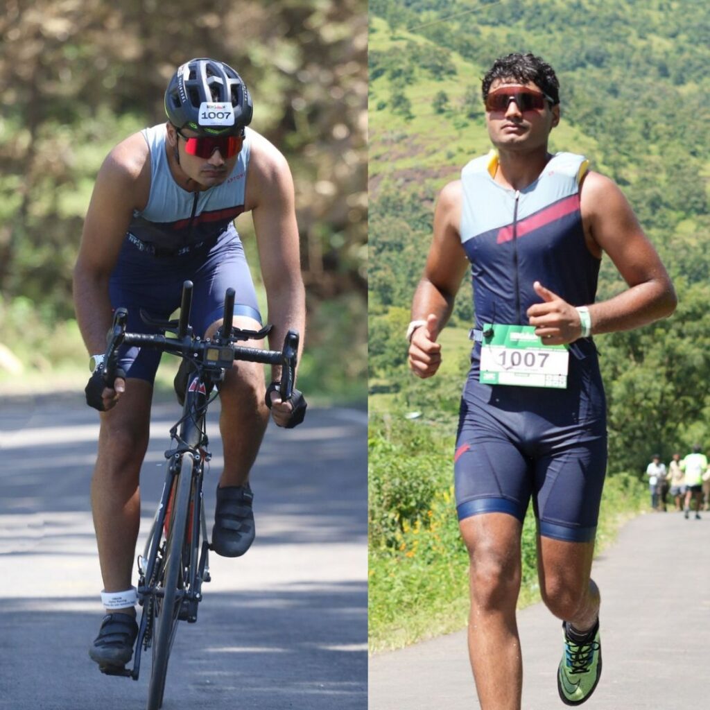 Two photos of Ashish, one as he's biking and the other running.