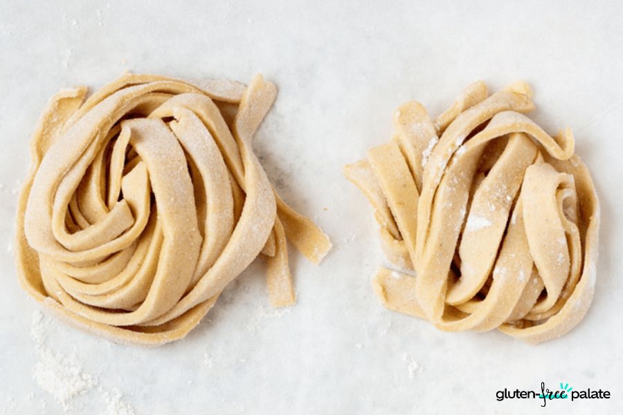 Two nests of raw pasta. In the corner is the Gluten-Free Palate logo.