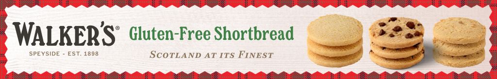 An ad for Walker's shortbread cookies. Reads, "Walker's Gluten-Free Shortbread. Scotland at it's finest"