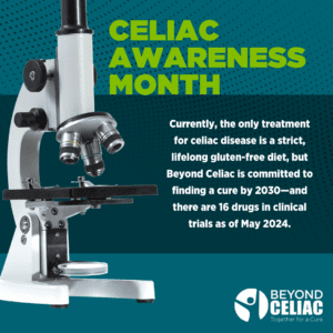 A microscope next to the words, "Celiac Awareness Month. Currently, the only treatment for celiac disease is a strict, lifelong gluten-free diet, but Beyond Celiac is committed to finding a cure by 2030—and there are 16 drugs in clinical trials as of May 2024."