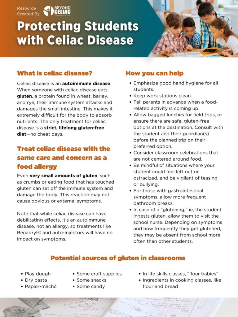 Guide for teachers with specific ways that they can protect and support their students with celiac disease, as well as a section for the student or their guardian to write in personalized information.