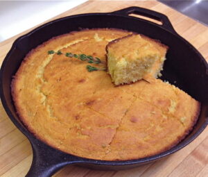 A skillet of cornbread.