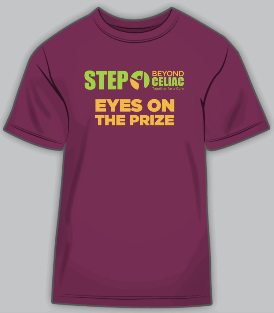 The Step Beyond Celiac (SBC) shirt is purple, with the SBC logo and the yellow words, "Eyes on the Prize"