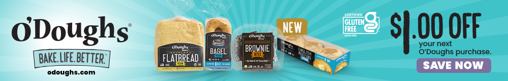 A coupon for $1.00 off your next purchase from O'Doughs, a company selling certified gluten-free breads and baked goods. 