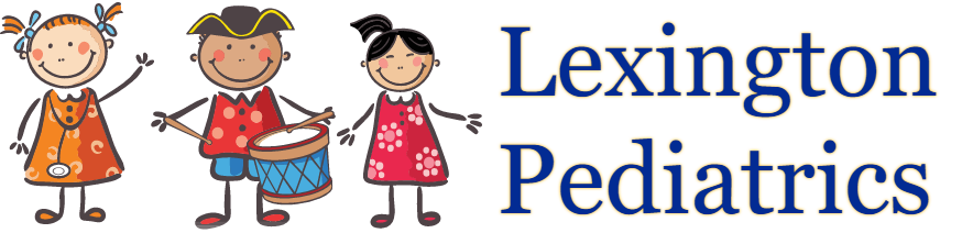 Three cartoon children, one with pigtails, one in a tricorne hat playing a drum, and one with a bob haircut, stand next to the words “Lexington Pediatrics” in large blue font.