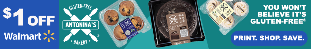 An ad and coupon to get $1 off an Antonina's gluten-free bakery item at Walmart.