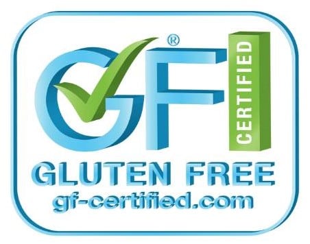 A logo with the letters GF and a green check mark, indicating gluten-free certification for celiac disease food safety. Below, it reads GLUTEN FREE and gf-certified.com. A green rectangle says CERTIFIED.