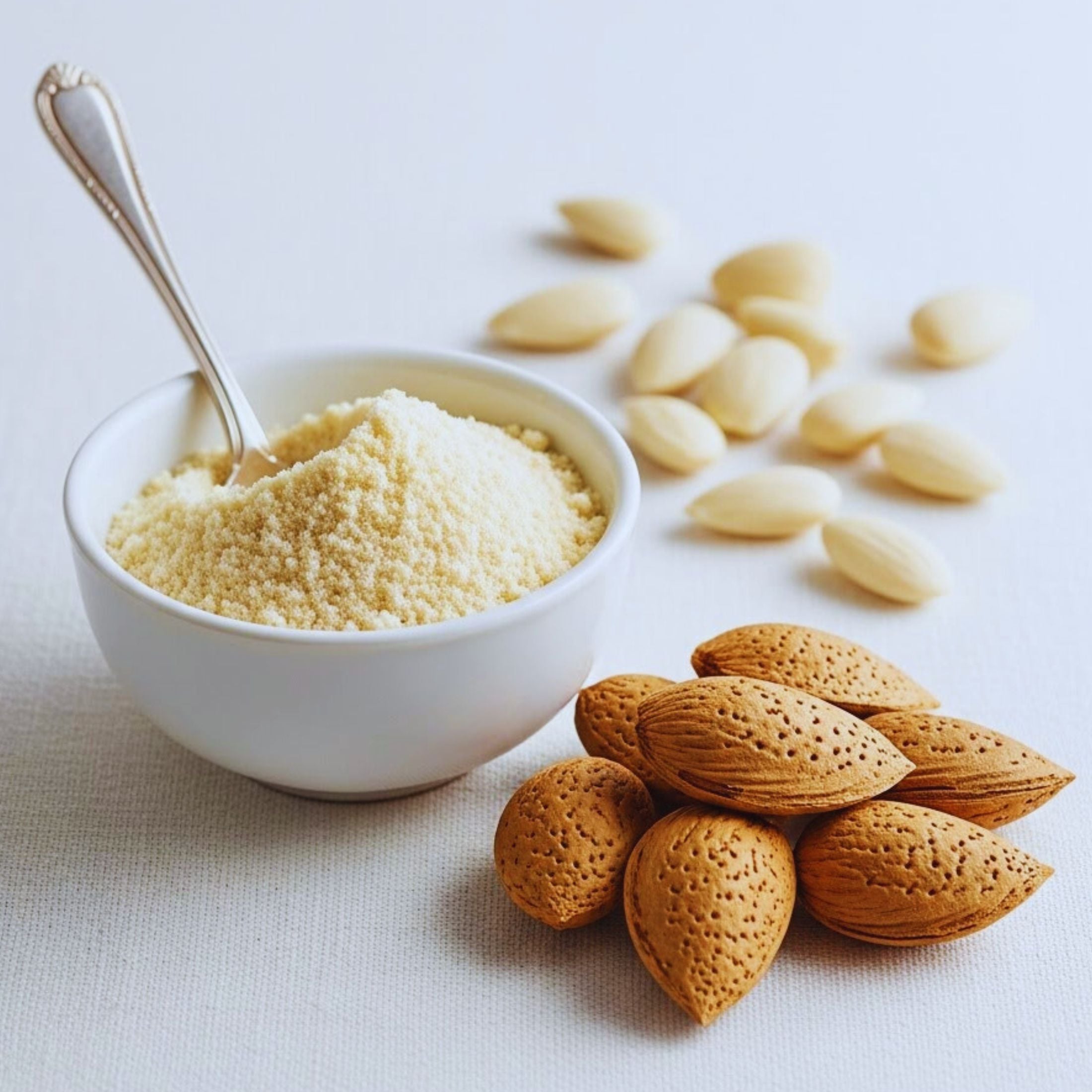 A bowl of almond flour next to almonds.
