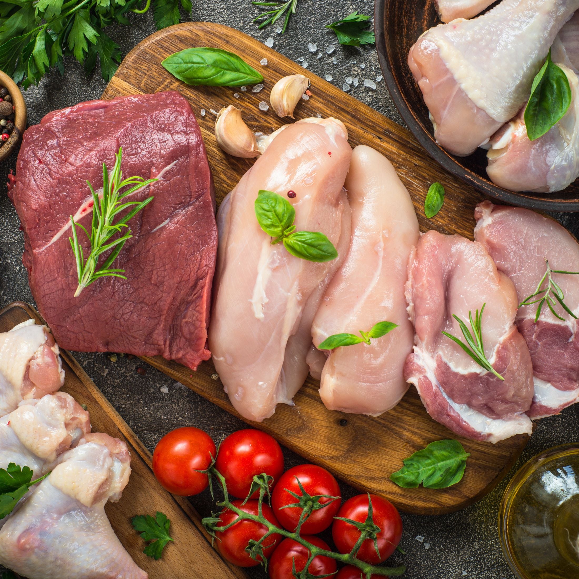 Various raw meats.