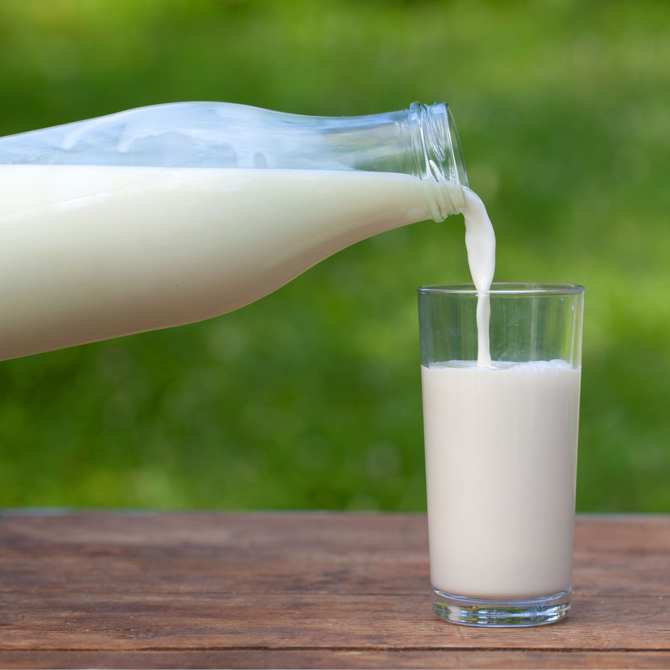 A pitcher and glass of milk.