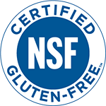 A circular badge with a blue center displaying NSF in white letters, surrounded by a white border with CERTIFIED GLUTEN-FREE in blue, indicating gluten-free certification by NSF for celiac disease food safety.
