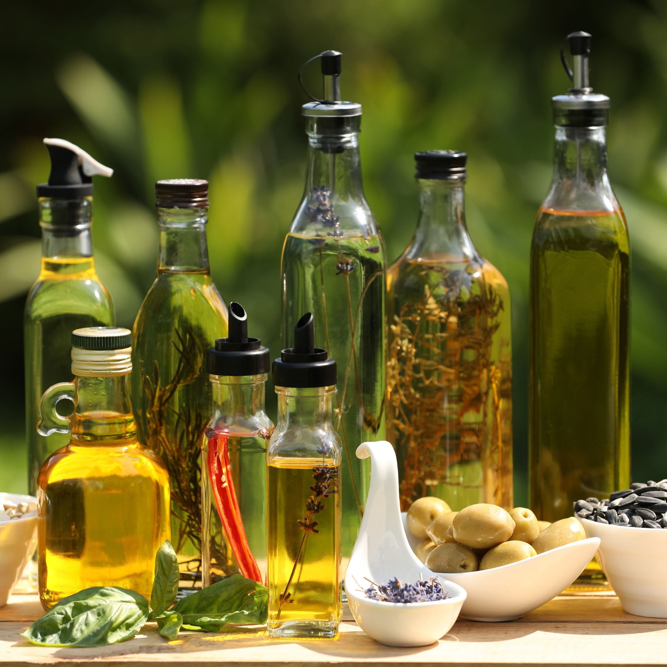 Bottles of various oils.