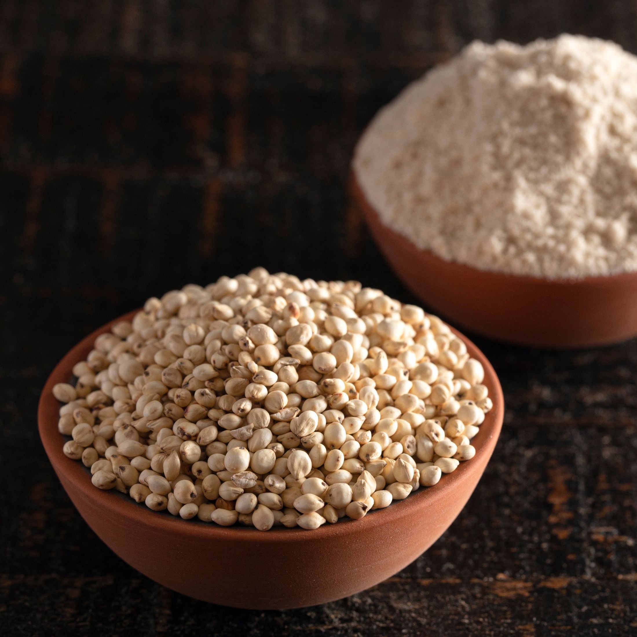 A bowl of sorghum and a bowl of sorghum flour.
