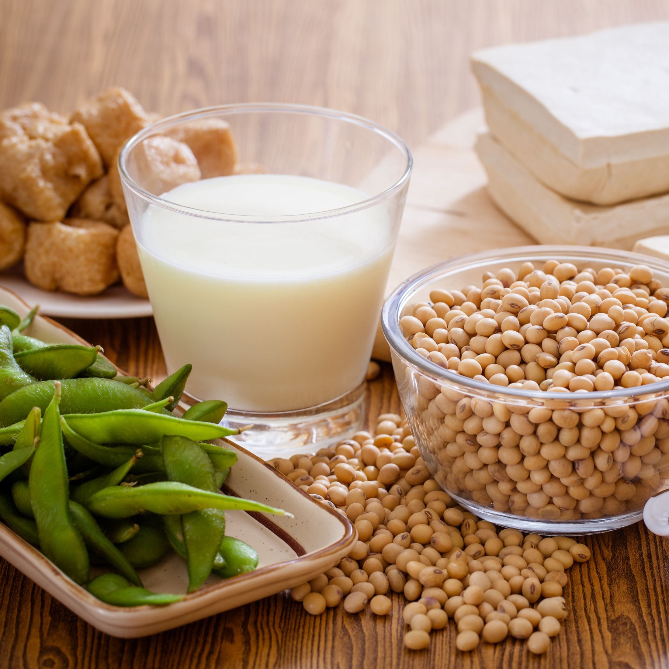 Various soy products, like soy beans, soy milk, and tofu.