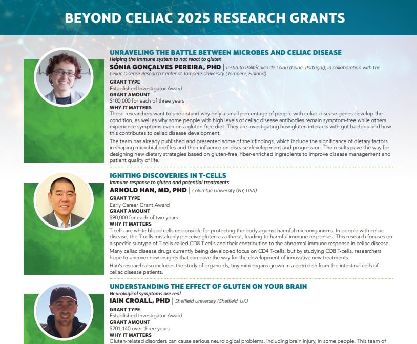 A snapshot of the 2025 Beyond Celiac grants document.