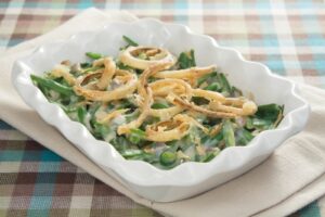 A casserole pan of green beans and fried onions.