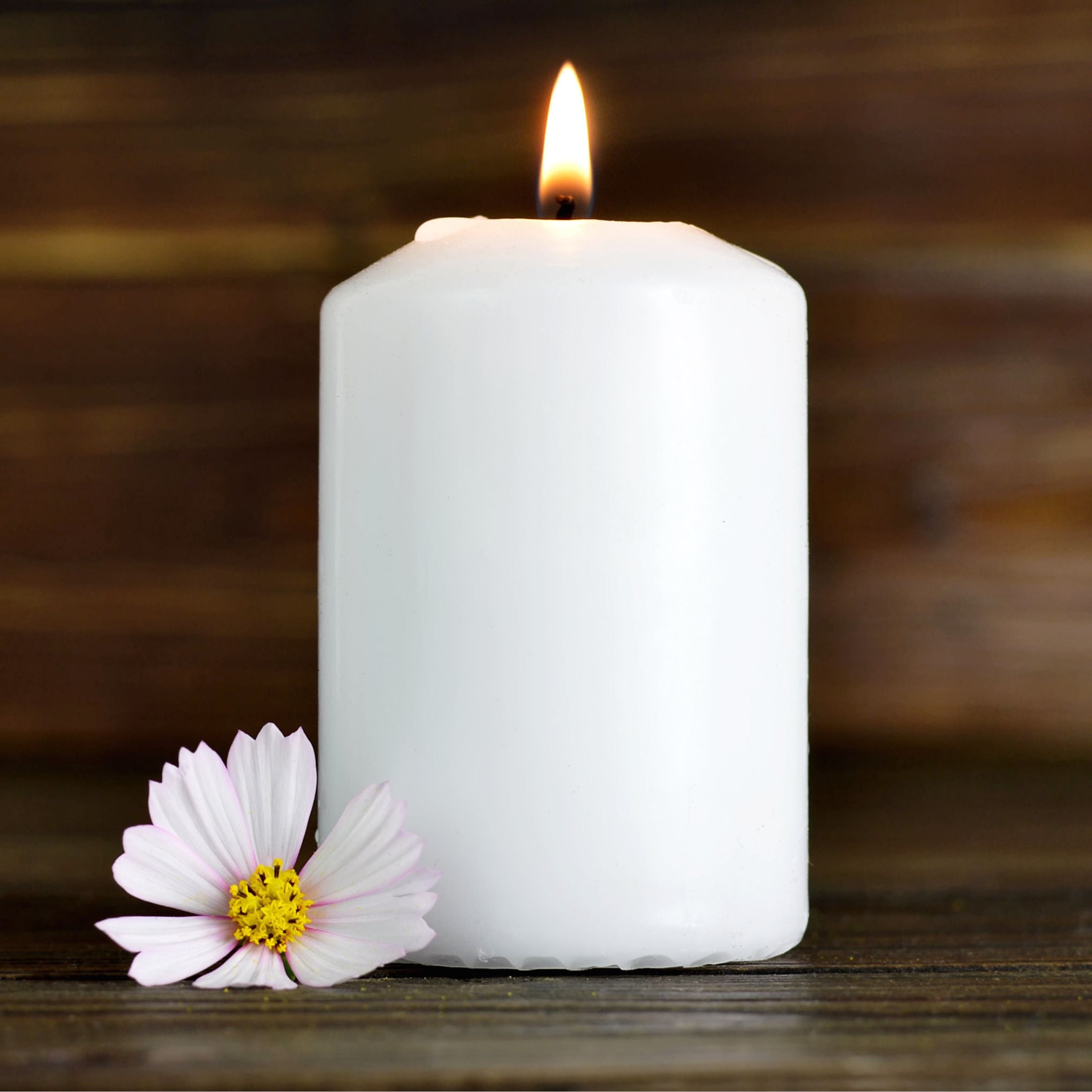 A lit candle next to a flower.