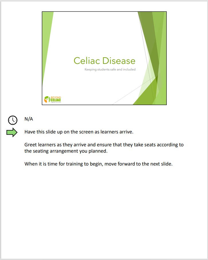 The first page of the Celiac Training for Schools PowerPoint with the notes enlarged.
