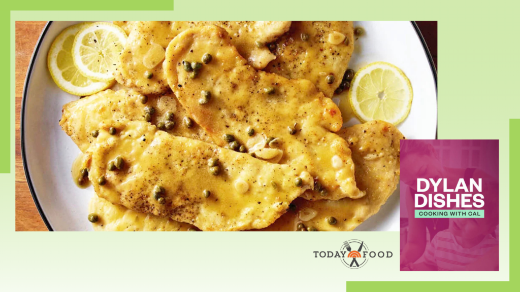 A plate of lemon chicken piccata garnished with capers and lemon slices. The image includes a DYLAN DISHES COOKING WITH QAL graphic and a TODAY FOOD logo in the lower center.