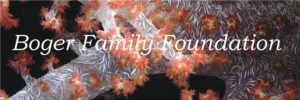 Text Boger Family Foundation is overlaid on an image of a close-up coral structure with intricate white branches and small clusters of orange and red polyps.