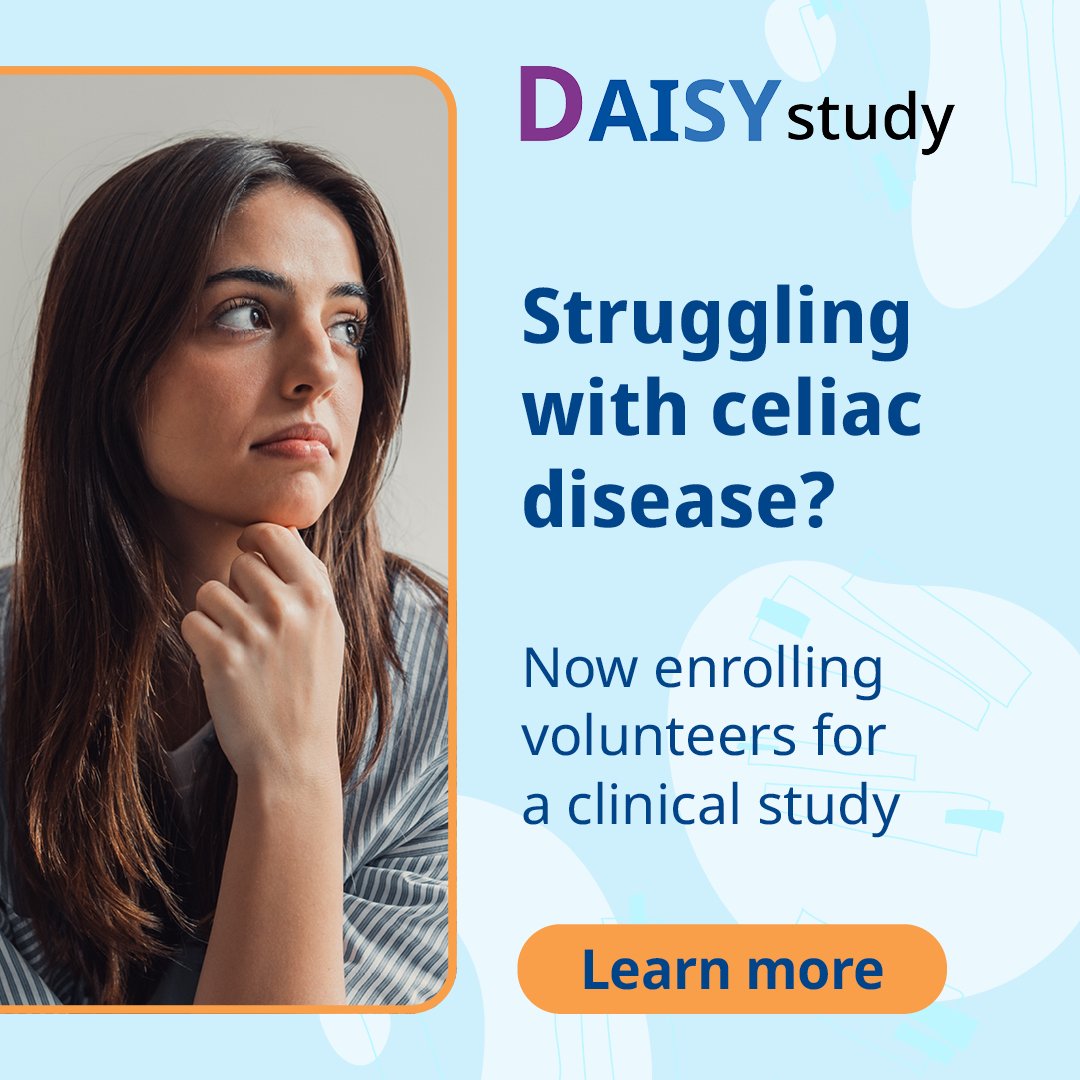 A woman looks pensively to the side. Text reads: “DAISY study. Struggling with celiac disease? Join a beyond celiac clinical study now enrolling volunteers.” A button below says “Learn more.”.
